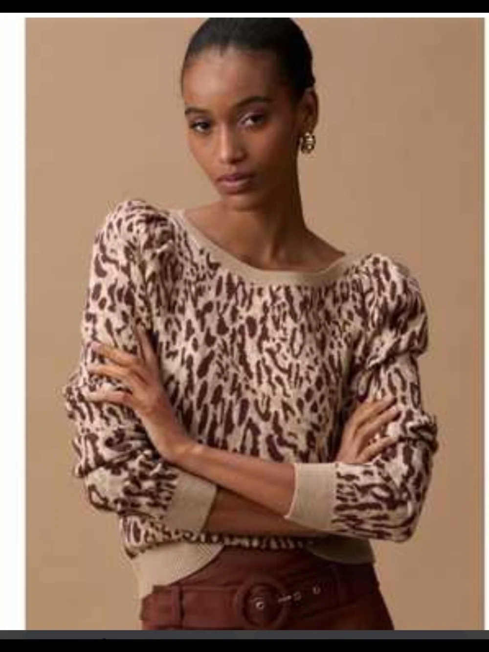 Maeve Cream and Brown Animal-Print Off-the-Shoulder Sweater